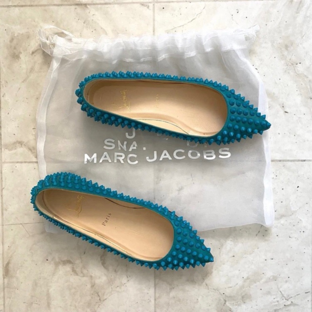 Christian Louboutin Pigalle Turquoise Blue Leather Spike Studs Ballet Flats 7/37